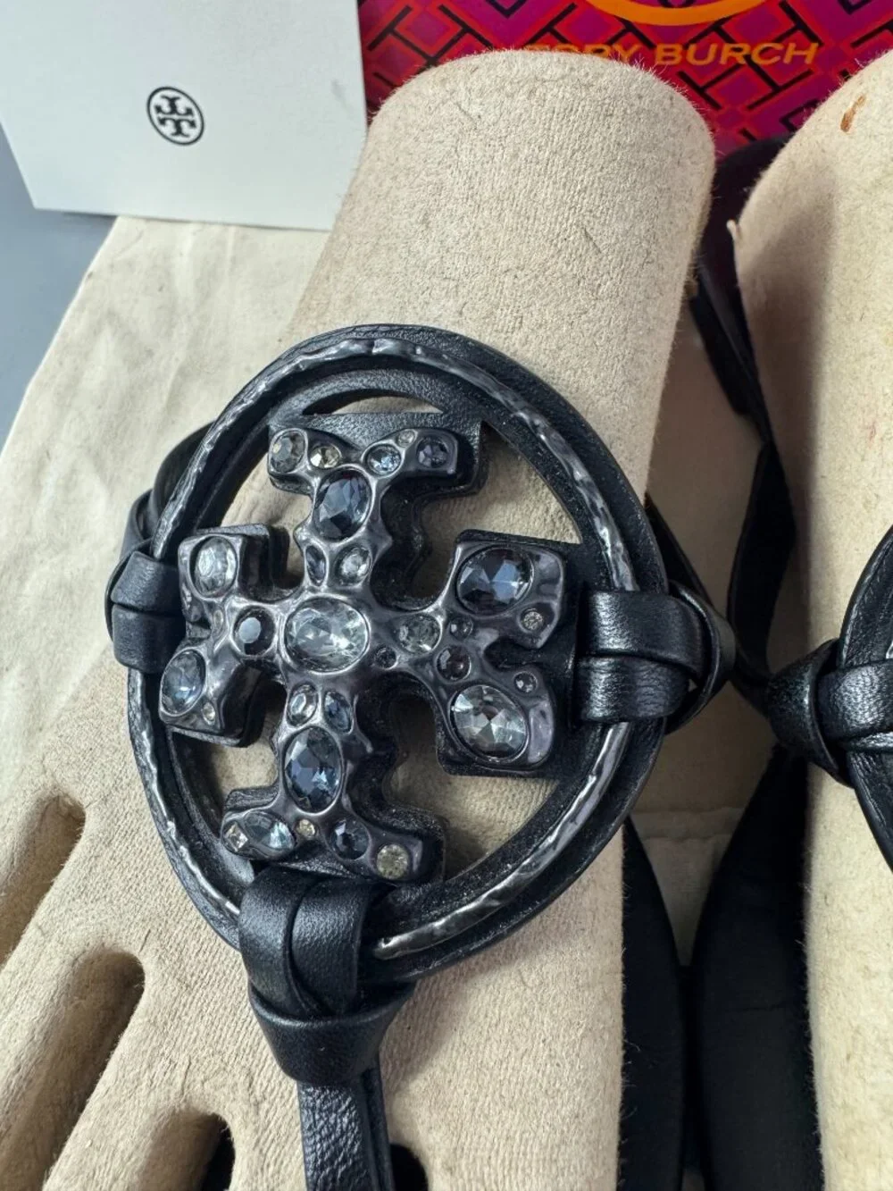 Tory Burch Embellished Crystal Miller Black Leather Sandal, Size 8